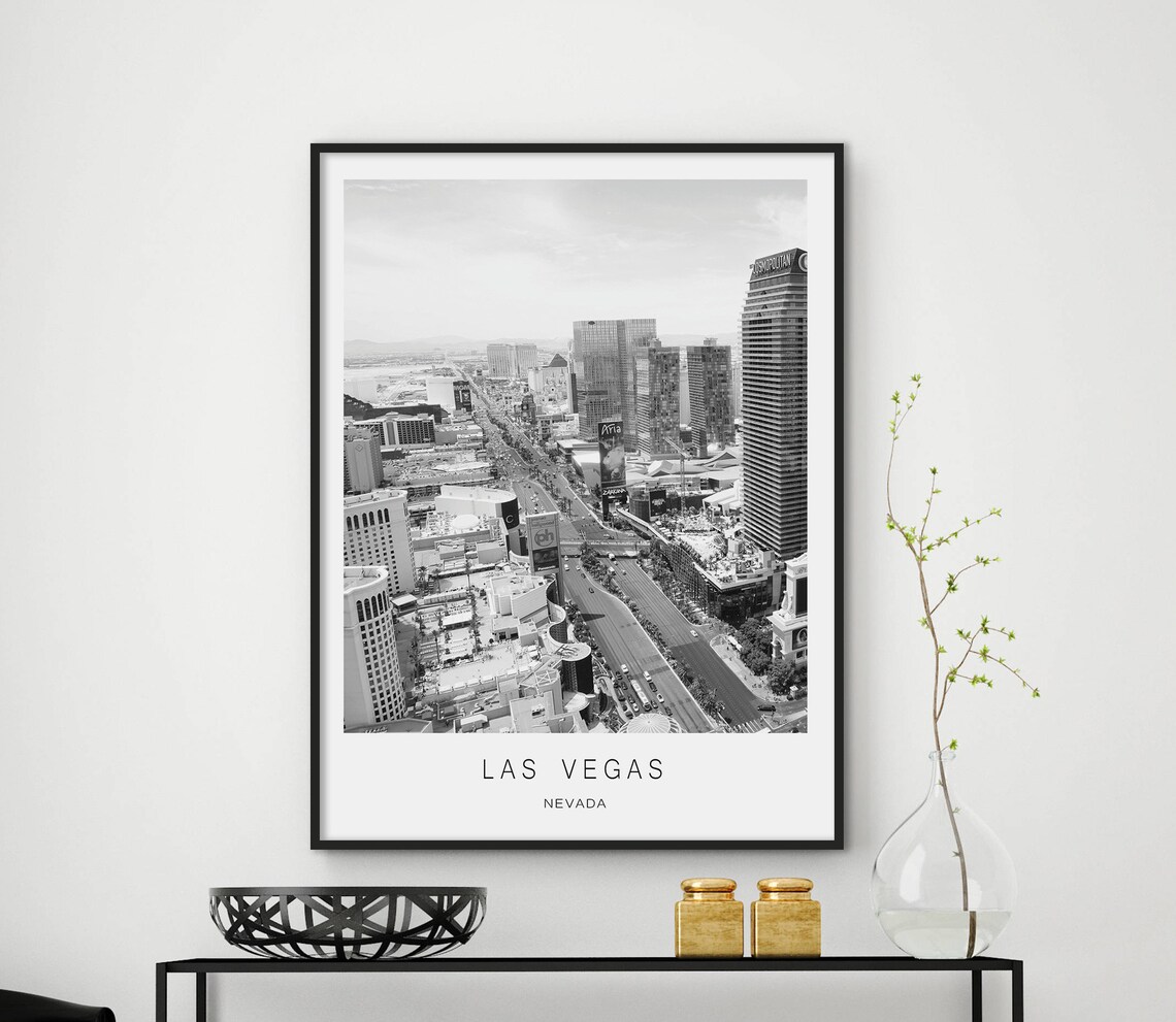 Las Vegas Nevada Strip Aerial View Black and White Photo Poster