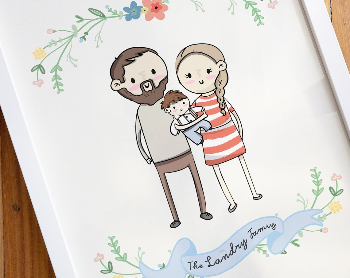 Custom Cartoon Family of Three Portrait with Ribbon Banner Poster