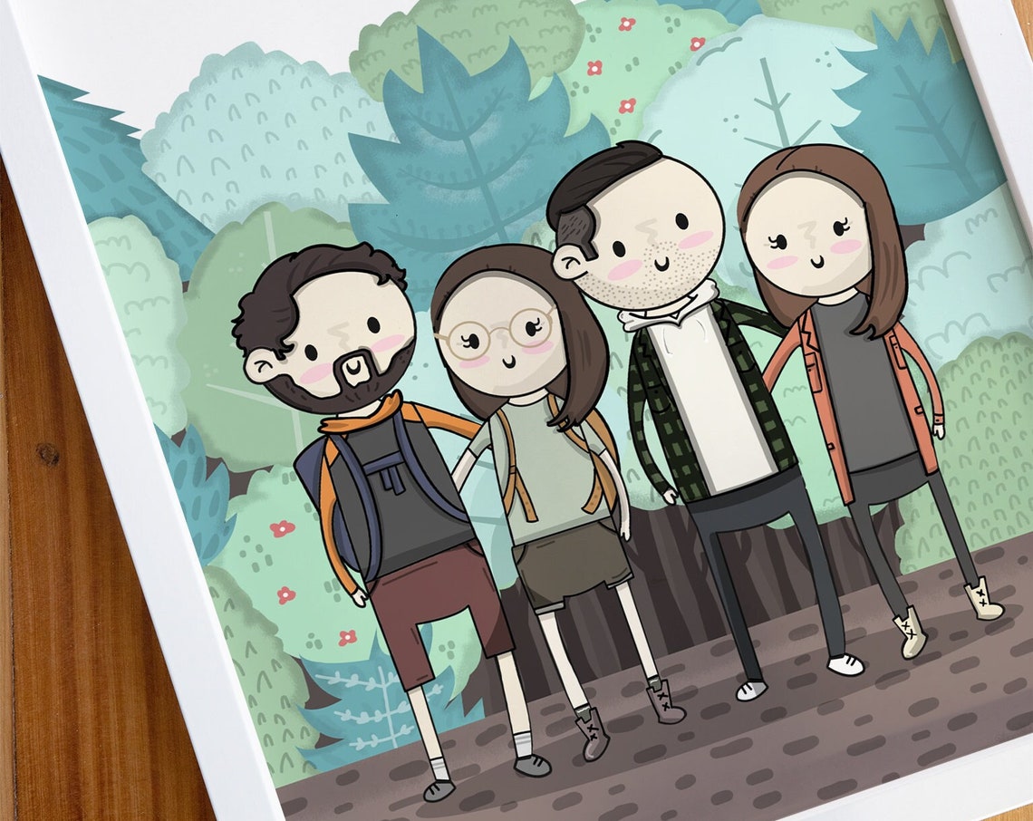 Custom Cartoon Family of Four Portrait Hiking in Forest Poster