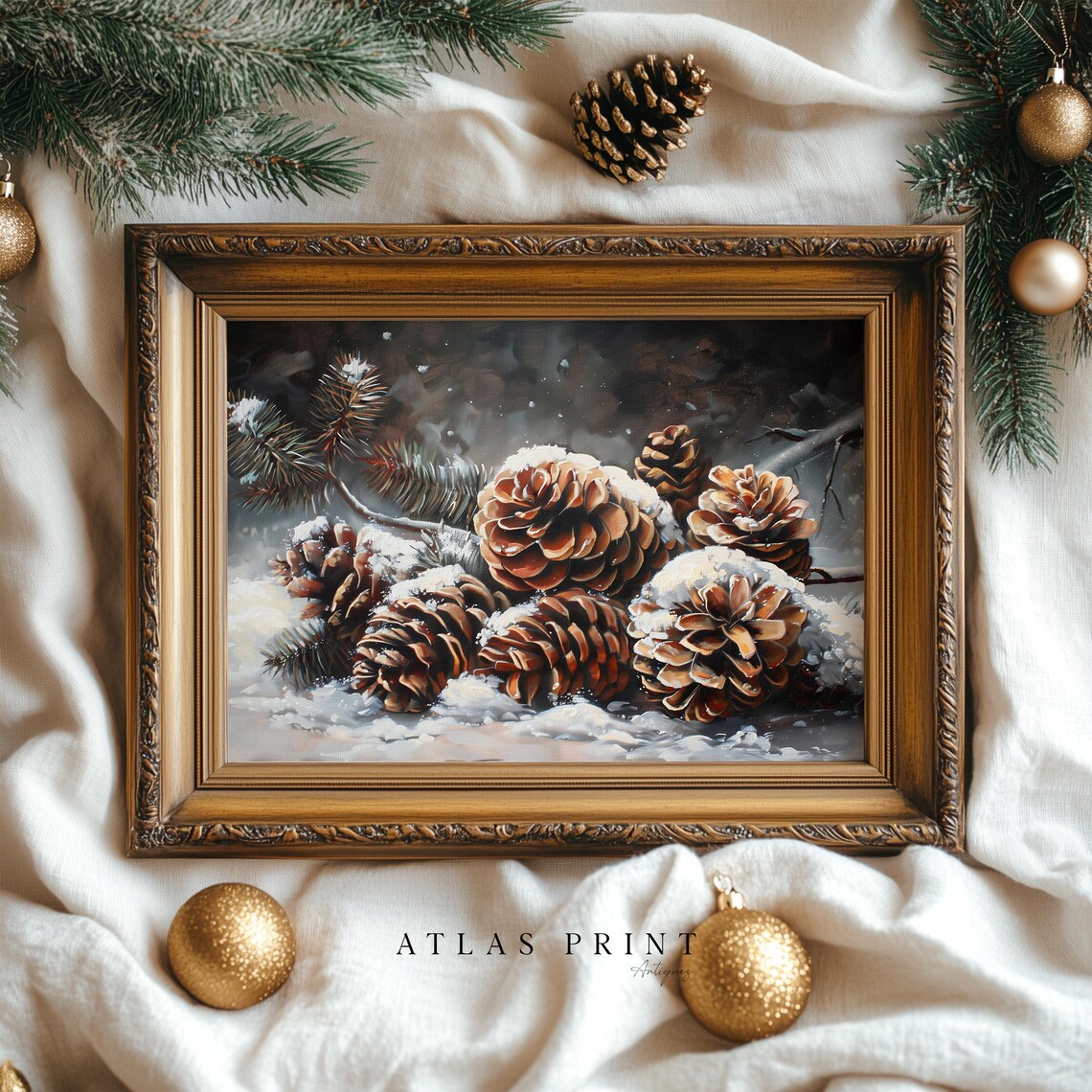 Vintage Snowy Pinecones Winter Still Life Oil Painting Poster