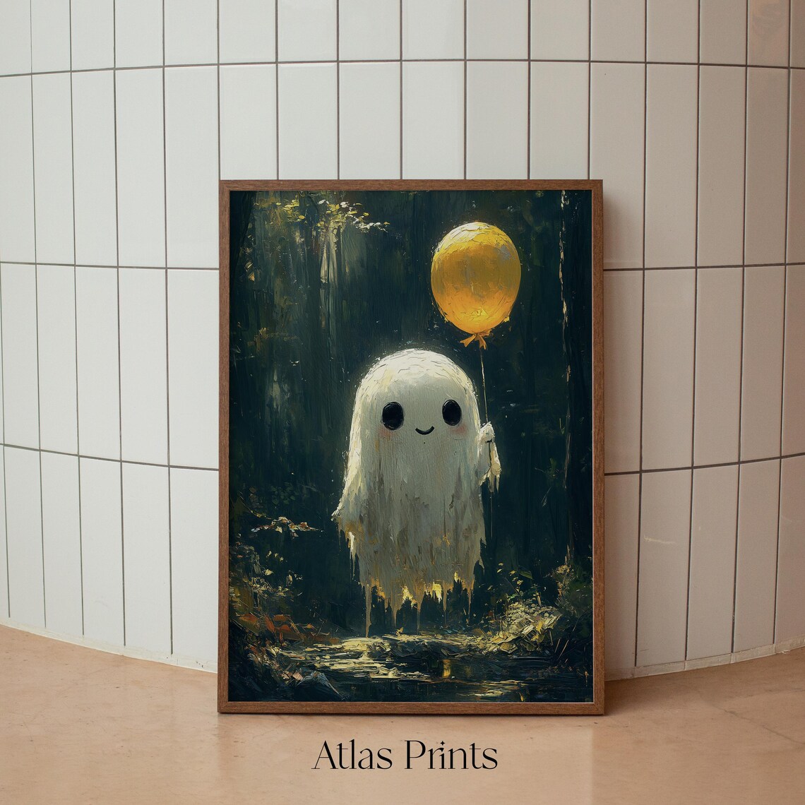 Sweet Ghost With Yellow Balloon In Dark Forest Vintage Halloween Art Poster - Image 2
