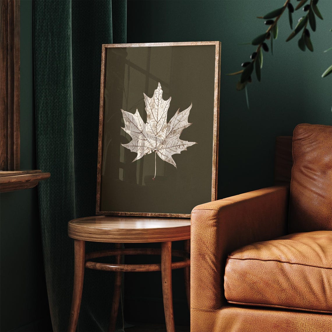 White Maple Leaf On Dark Green Antique Fall Botanical Poster - Image 5