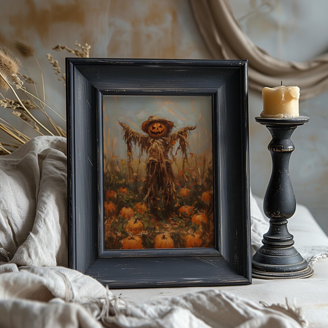 Pumpkin Head Scarecrow In A Patch Of Pumpkins Autumn Art Poster - Image 4