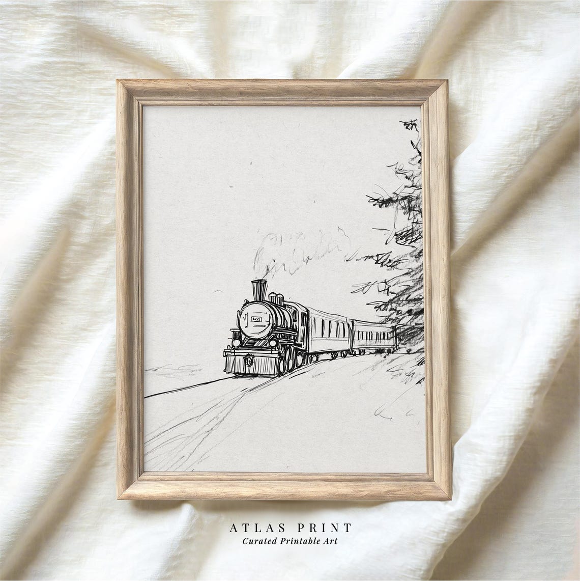 Vintage Steam Train Pencil Sketch Minimalist Winter Rail Art Poster
