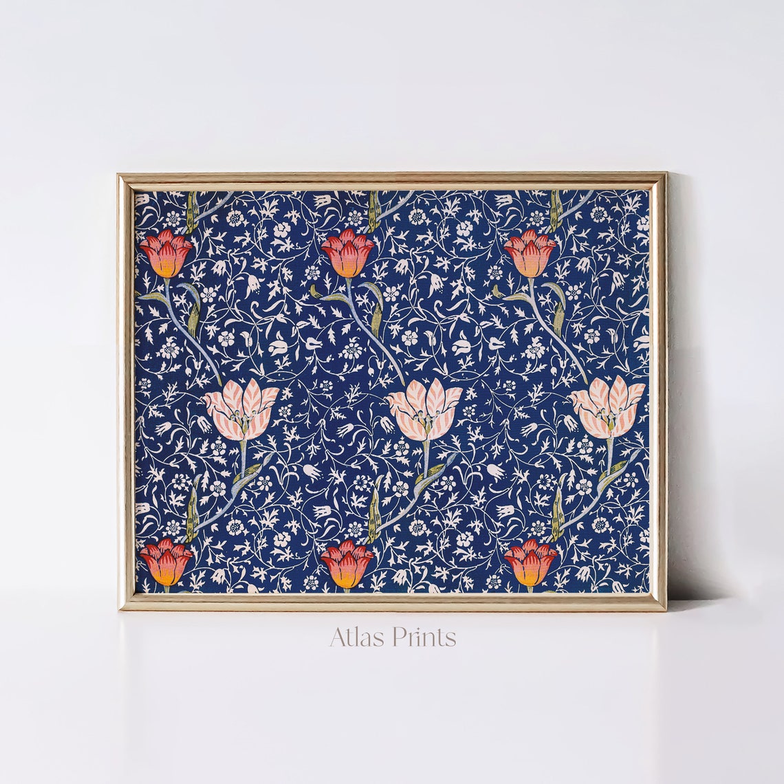 Indigo Blue Tapestry Tulip Floral Arts Crafts Pattern Poster