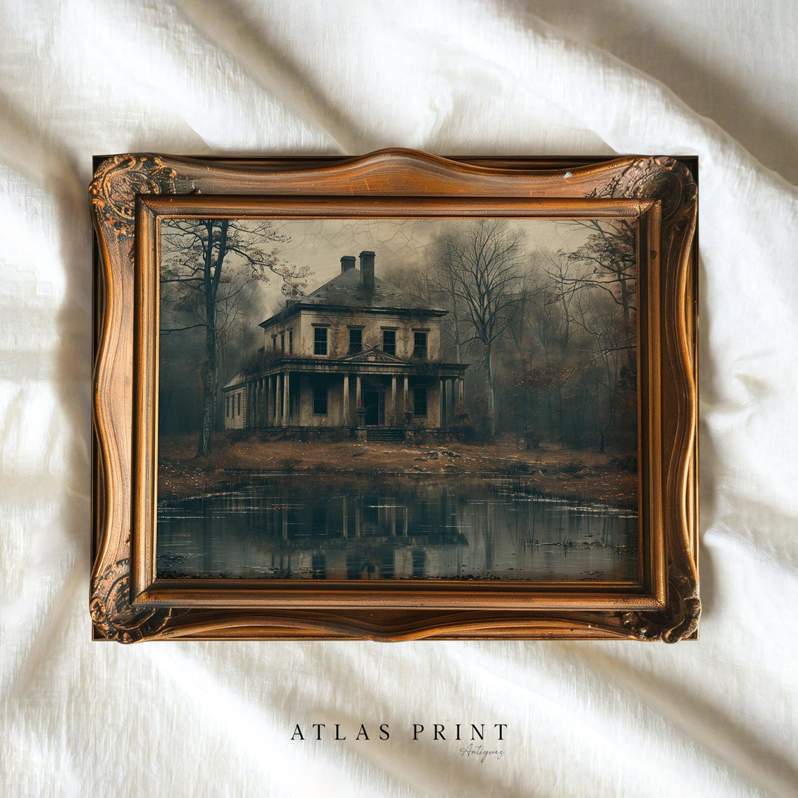 Haunted Manor House Reflected In A Pond Dark Autumn Art Poster - Image 4