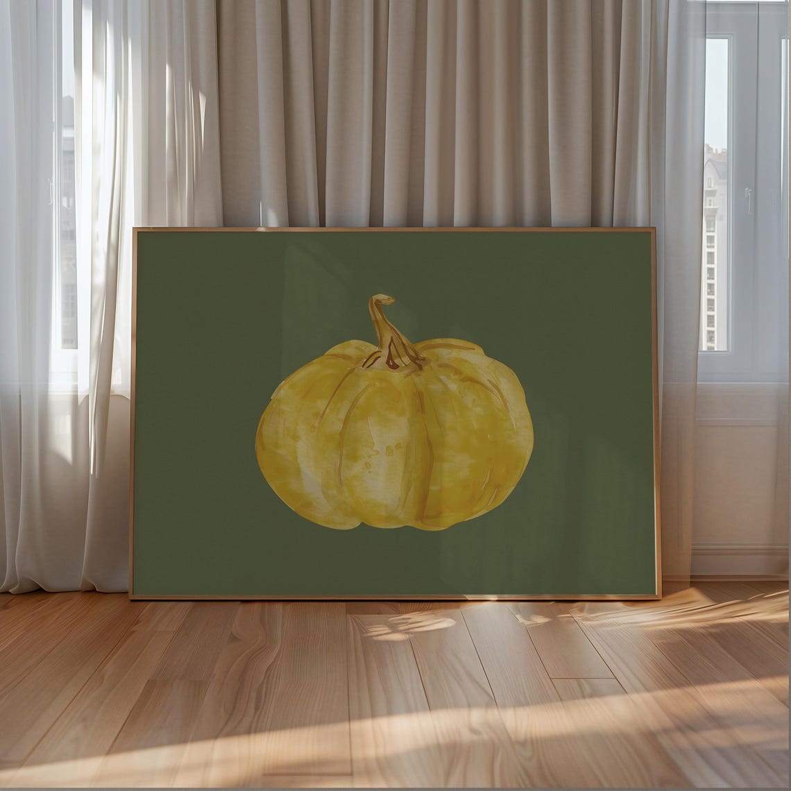 Yellow Pumpkin Watercolor On Sage Green Fall Harvest Art Poster - Image 5