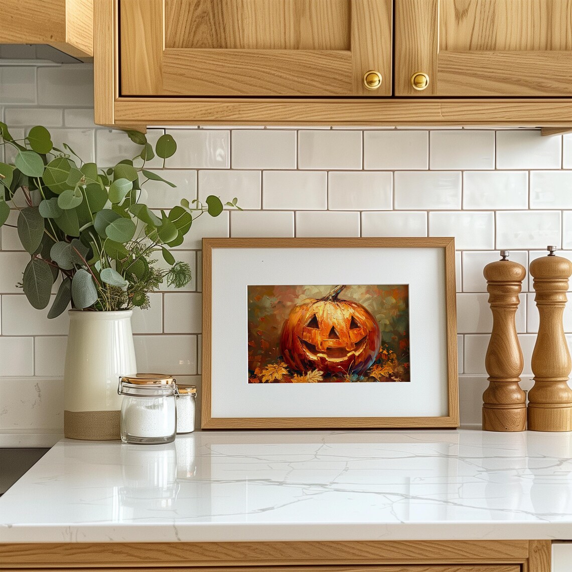 Smiling Jack O Lantern Oil Painting Autumn Leaves Halloween Poster - Image 2