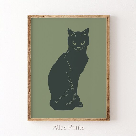Minimalist Black Cat Silhouette On Sage Green Modern Illustration Poster