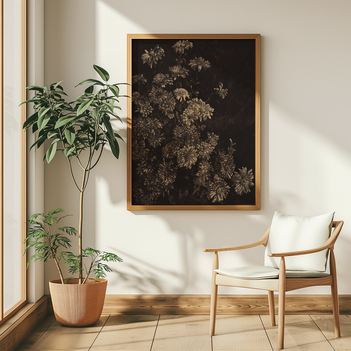 Dark Moody Floral Chrysanthemum Black Background Vintage Flower Poster - Image 3