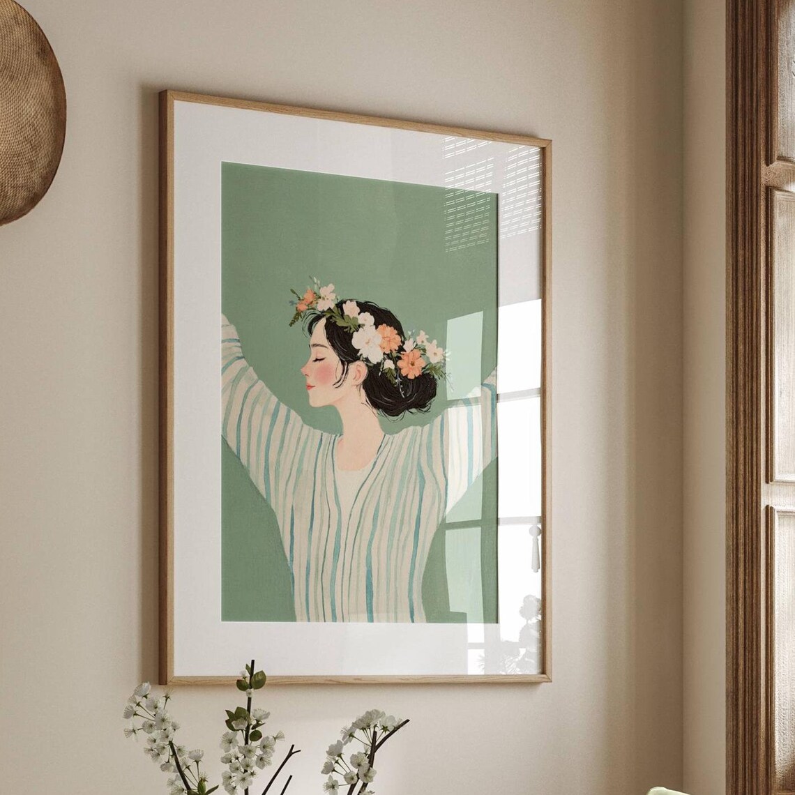 Girl with Flower Crown Arms Raised on Green Abstract Figure Art Poster