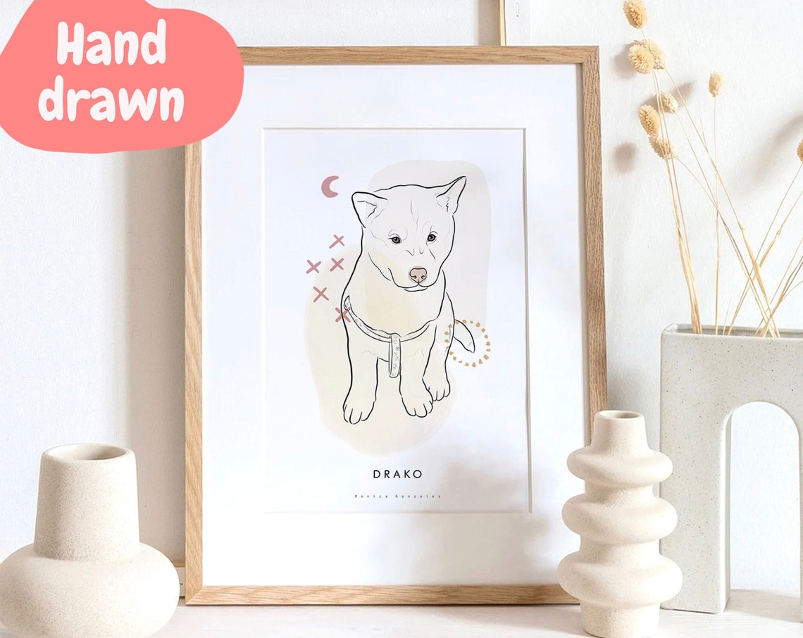 Hand Drawn White Puppy Line Portrait Custom Pet Memorial Poster