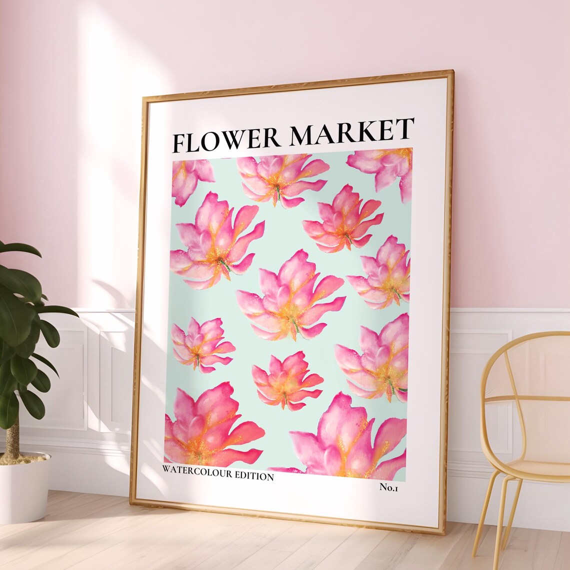 Flower Market Pink Blooms On Mint Blue Watercolor No 1 Poster