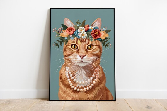Ginger Cat Floral Crown Pearl Necklace Elegant Portrait Art Print