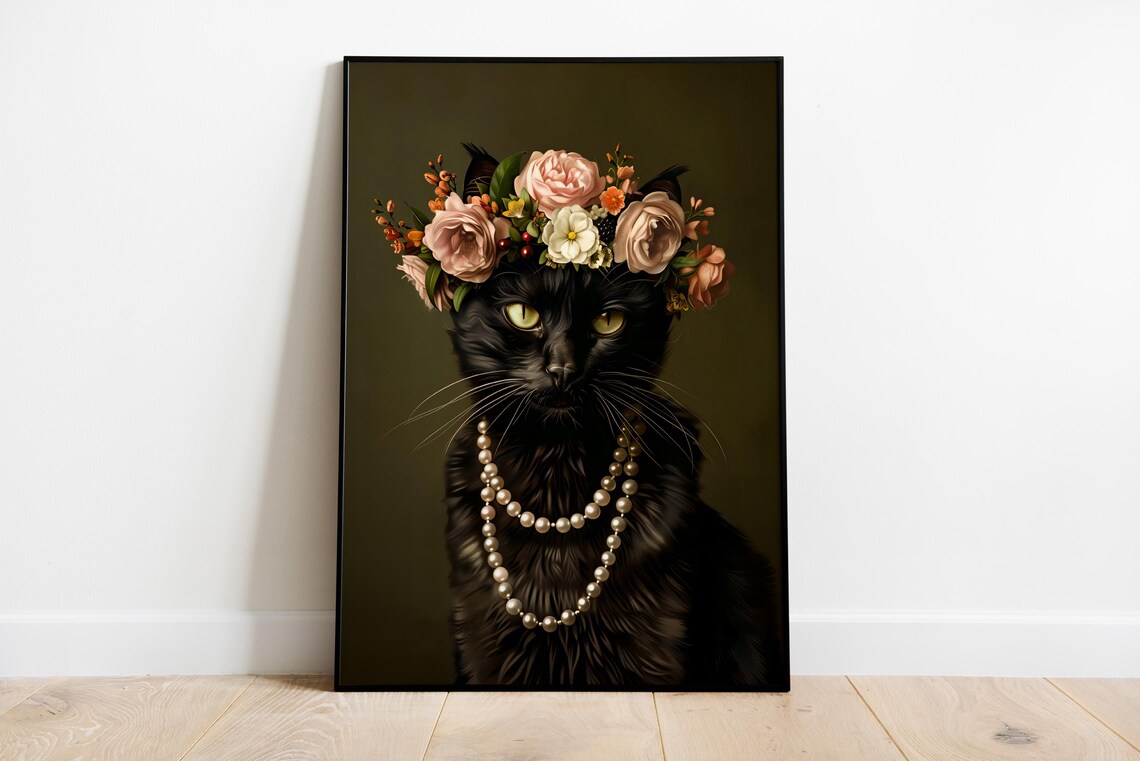 Elegant Black Cat Flower Crown Pearl Necklace Portrait Art Print