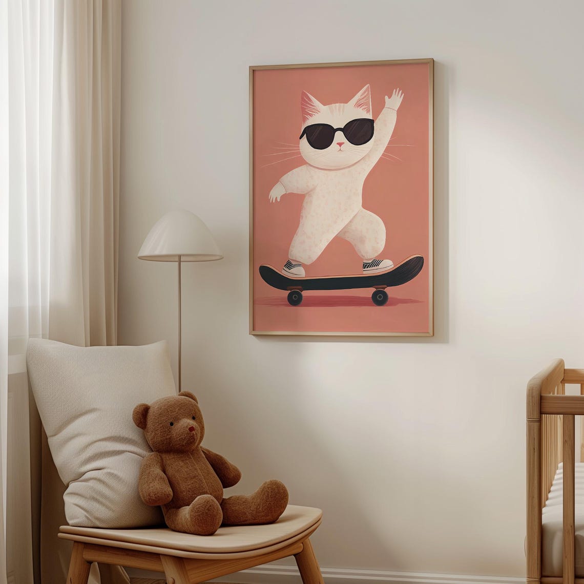 Cool White Cat in Sunglasses Riding a Skateboard Pink Poster - Image 4