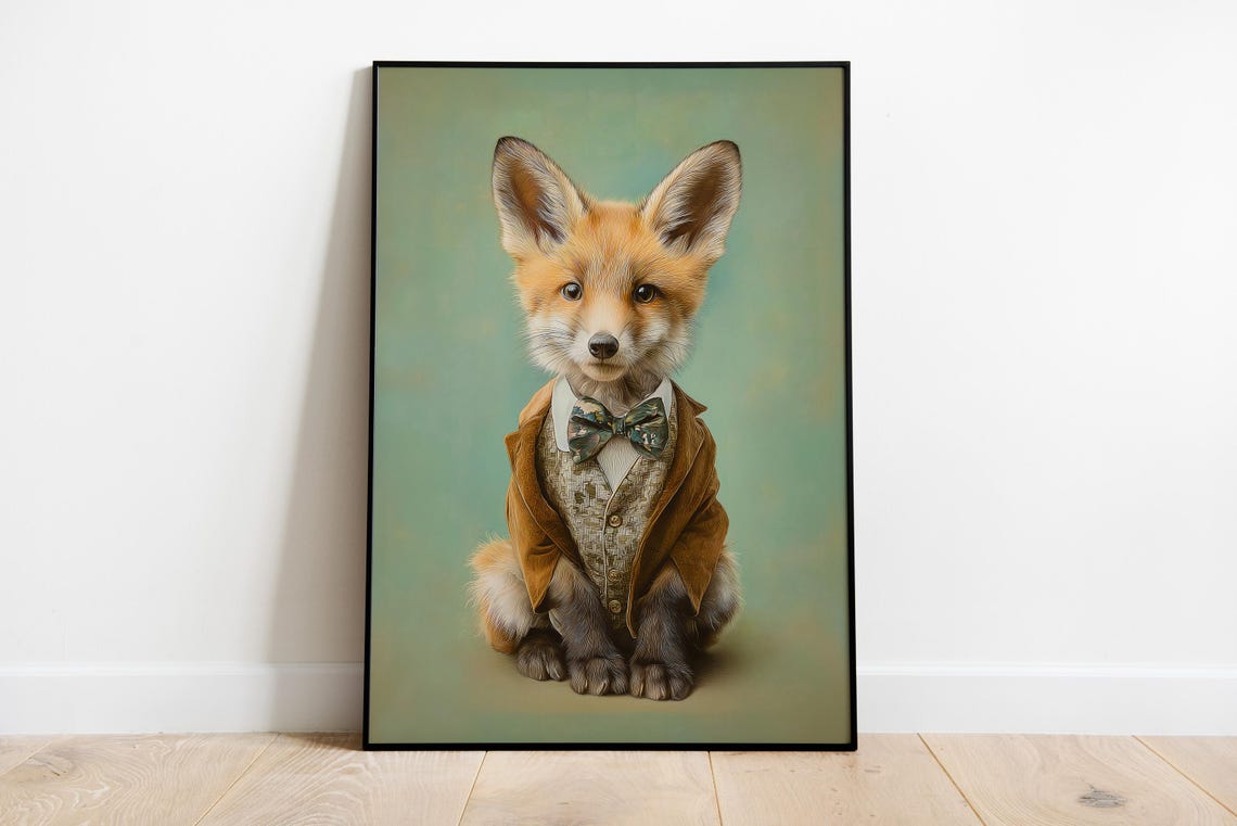 Dapper Fox Cub Suit Bow Tie Whimsical Animal Portrait Poster