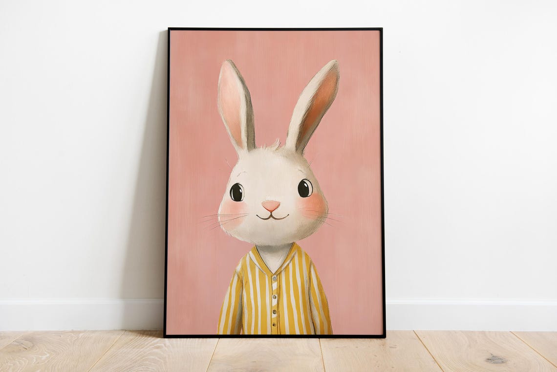Adorable White Bunny in Striped Pajamas Pink Kids Nursery Poster