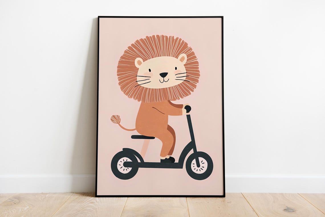 Adorable Cute Lion Riding a Scooter Blush Pink Nursery Poster