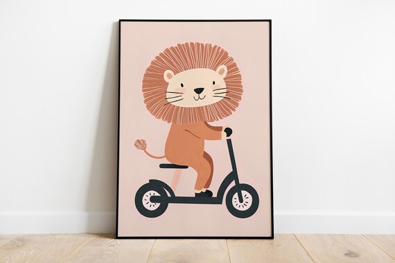 Adorable Cute Lion Riding a Scooter Blush Pink Nursery Poster