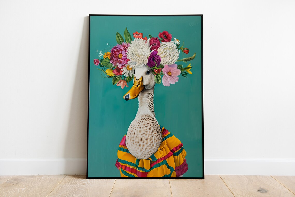 Floral Duck Portrait Art Print, Eclectic Animal