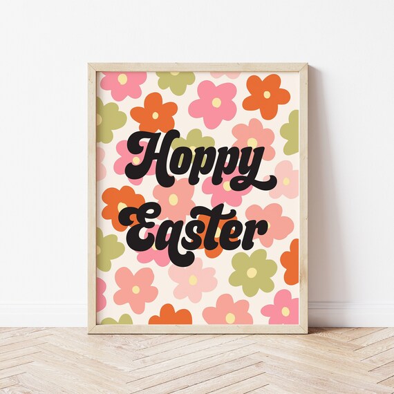 Hoppy Easter Retro Groovy Floral Spring Pun Easter Decor Poster