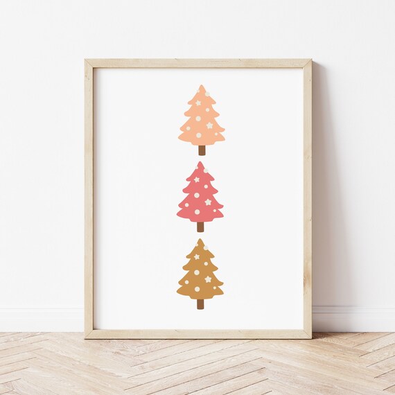 Boho Christmas Trees Pastel Pink Minimalist Holiday Art Poster