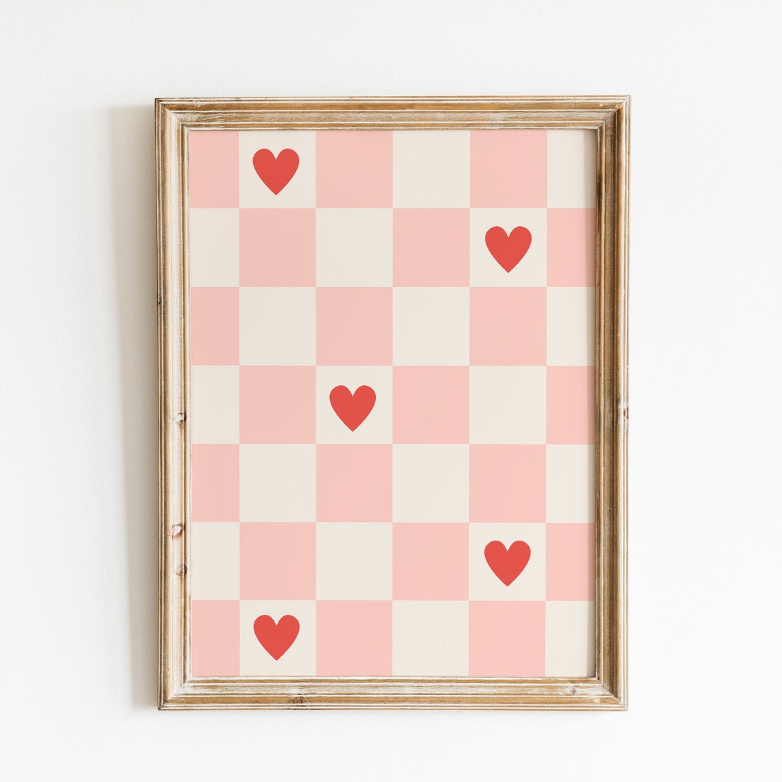 Pink Checkered Red Hearts Retro Valentine Pattern Holiday Poster