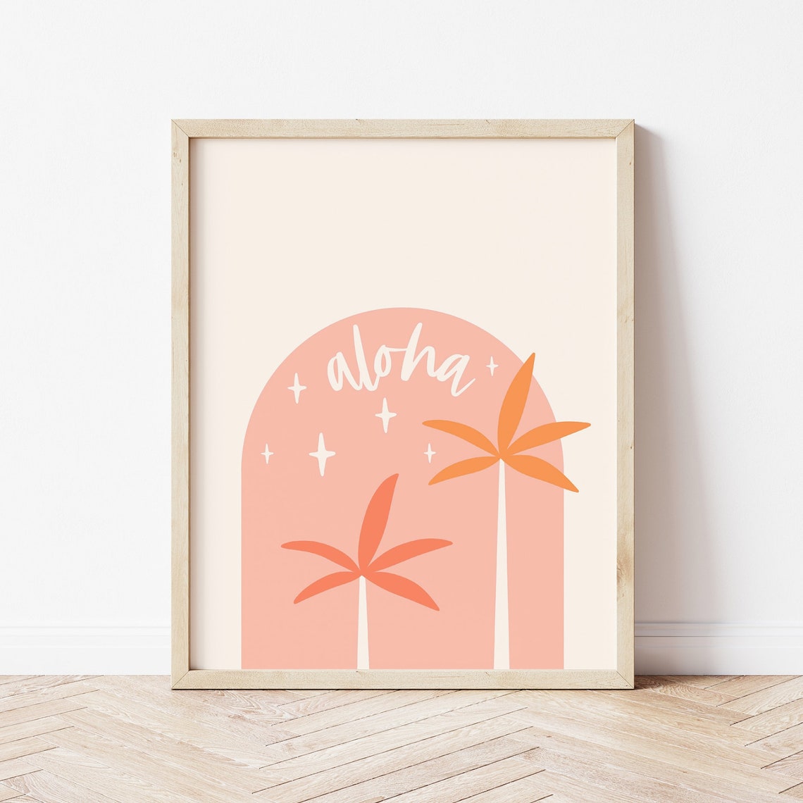 Aloha Script Pink Arch Orange Palms Sparkles Tropical Greeting Poster