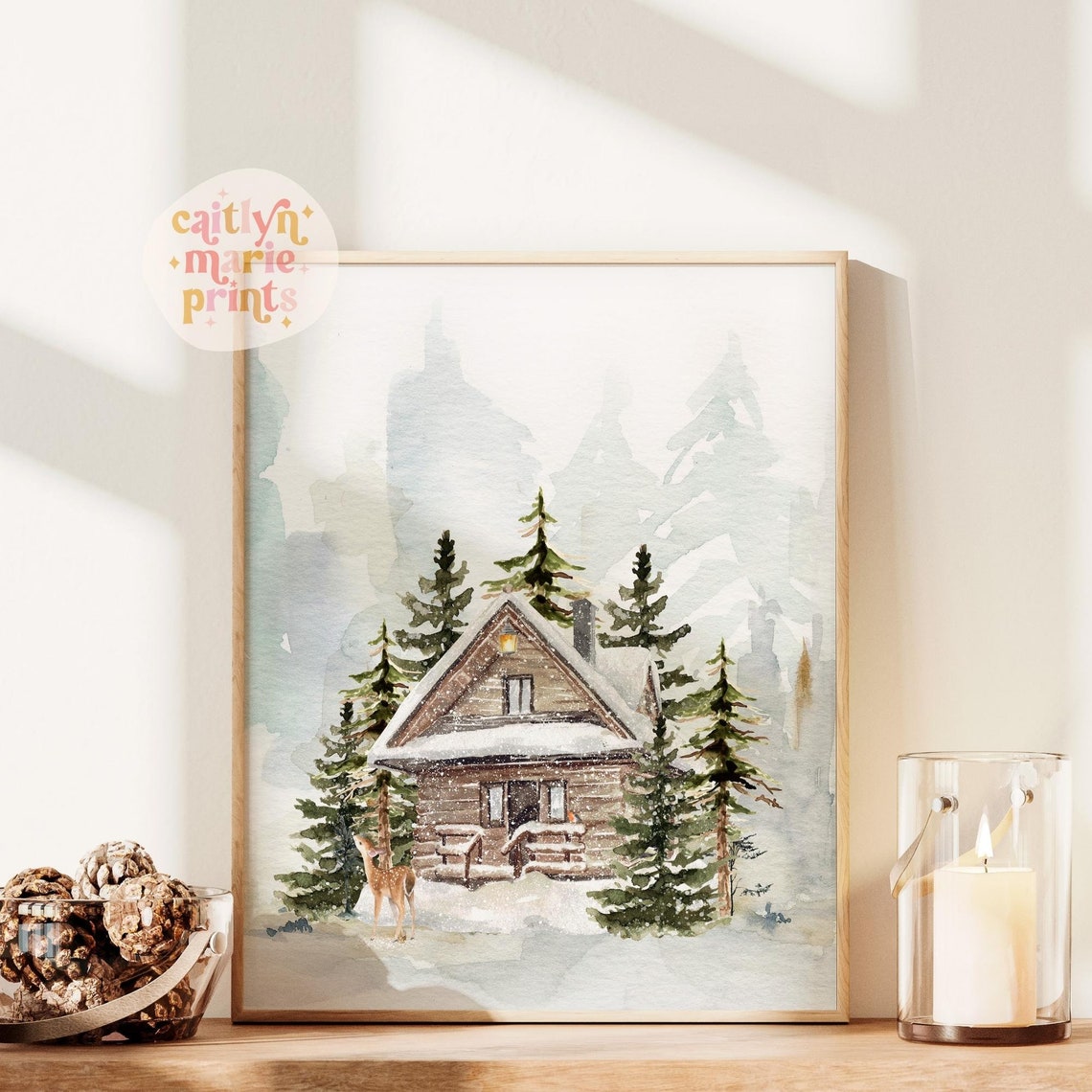 Cozy Watercolor Snowy Cabin in Pine Forest with Deer Winter Poster - Image 2