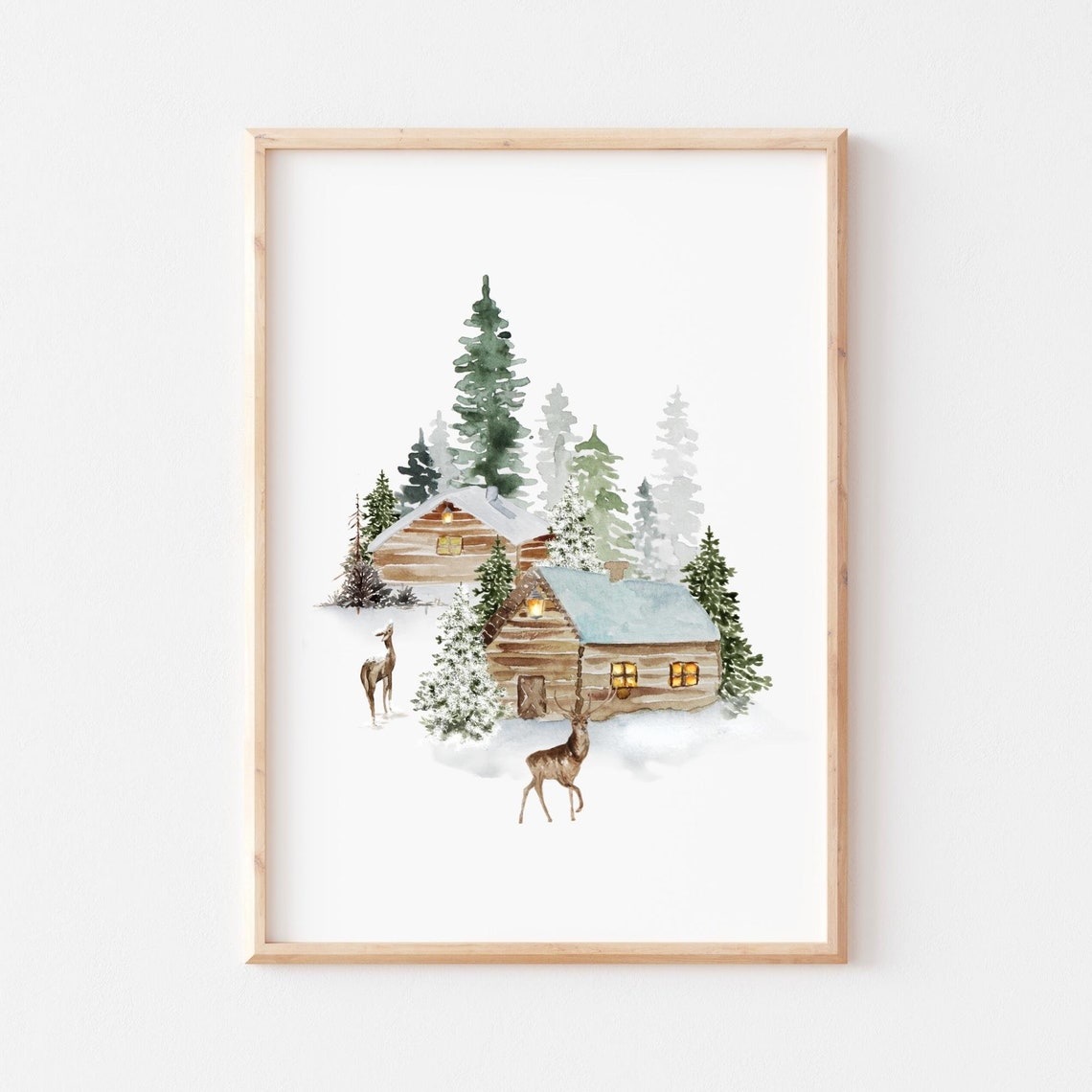 Rustic Winter Cabins with Deer Watercolor Woodland Christmas Poster - Image 2