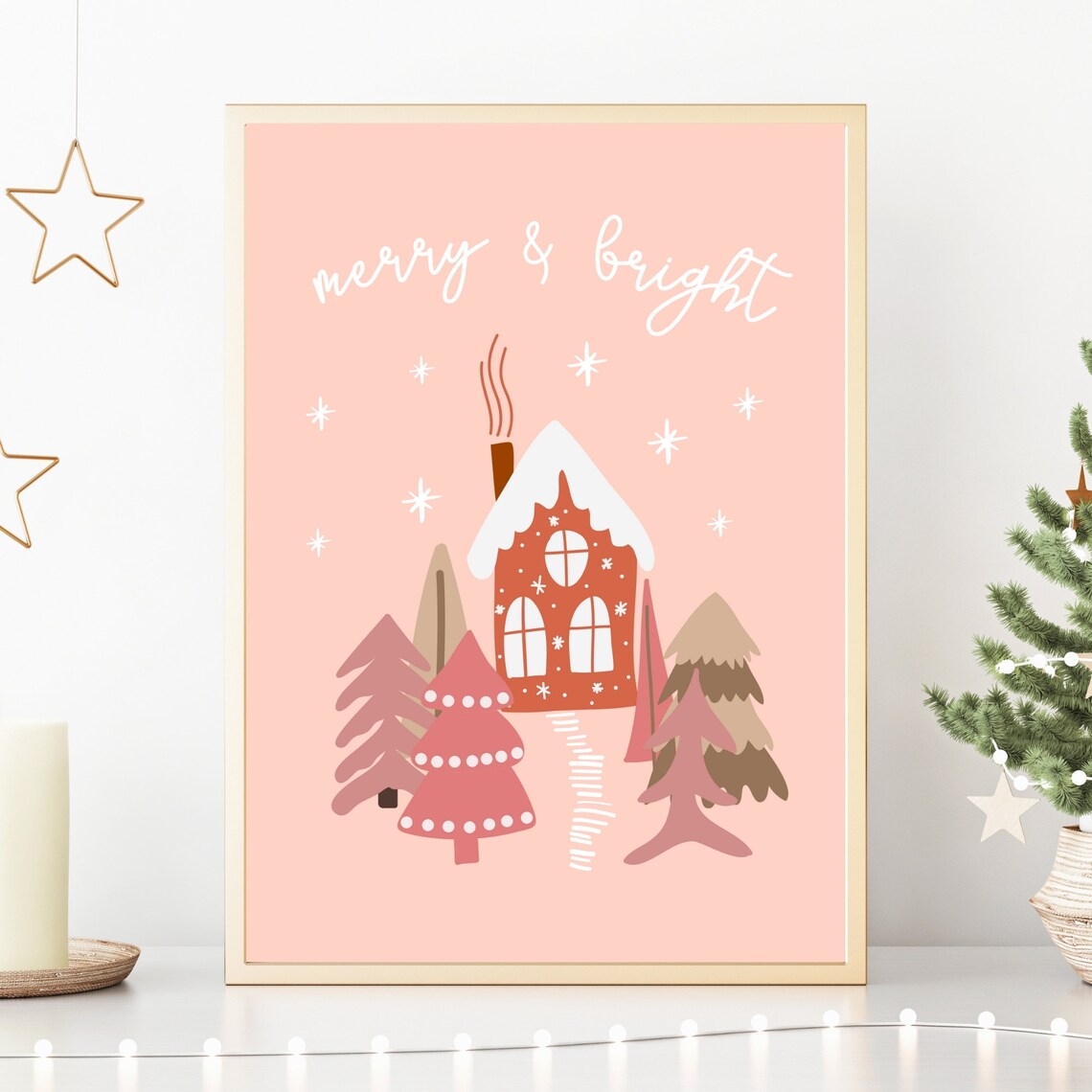 Merry And Bright Pink Christmas House Holiday Nursery Art Poster - Image 2