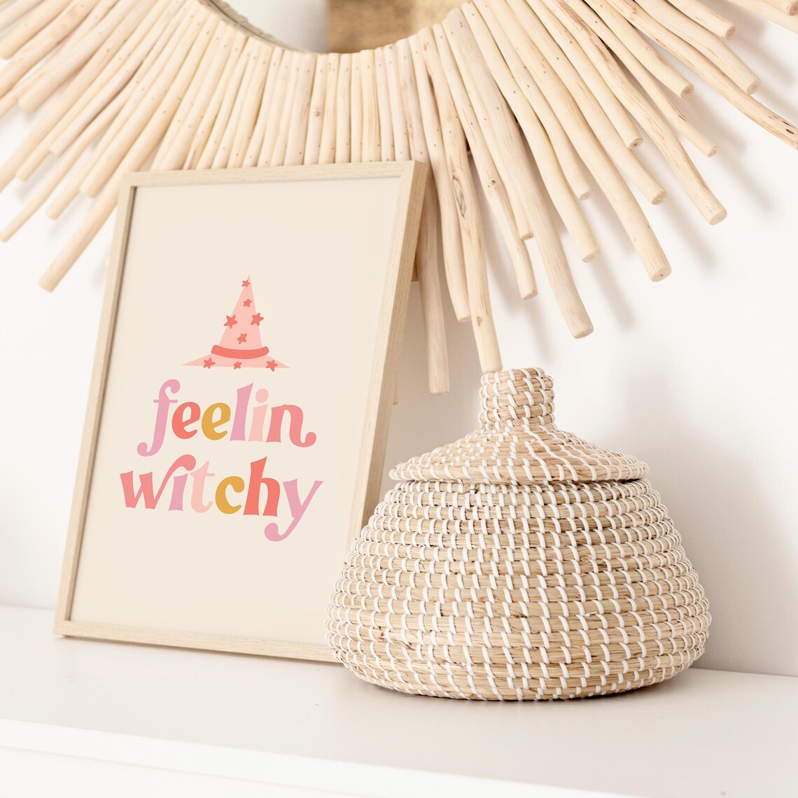 Feelin Witchy Retro Lettering with Pink Star Witch Hat Poster - Image 3