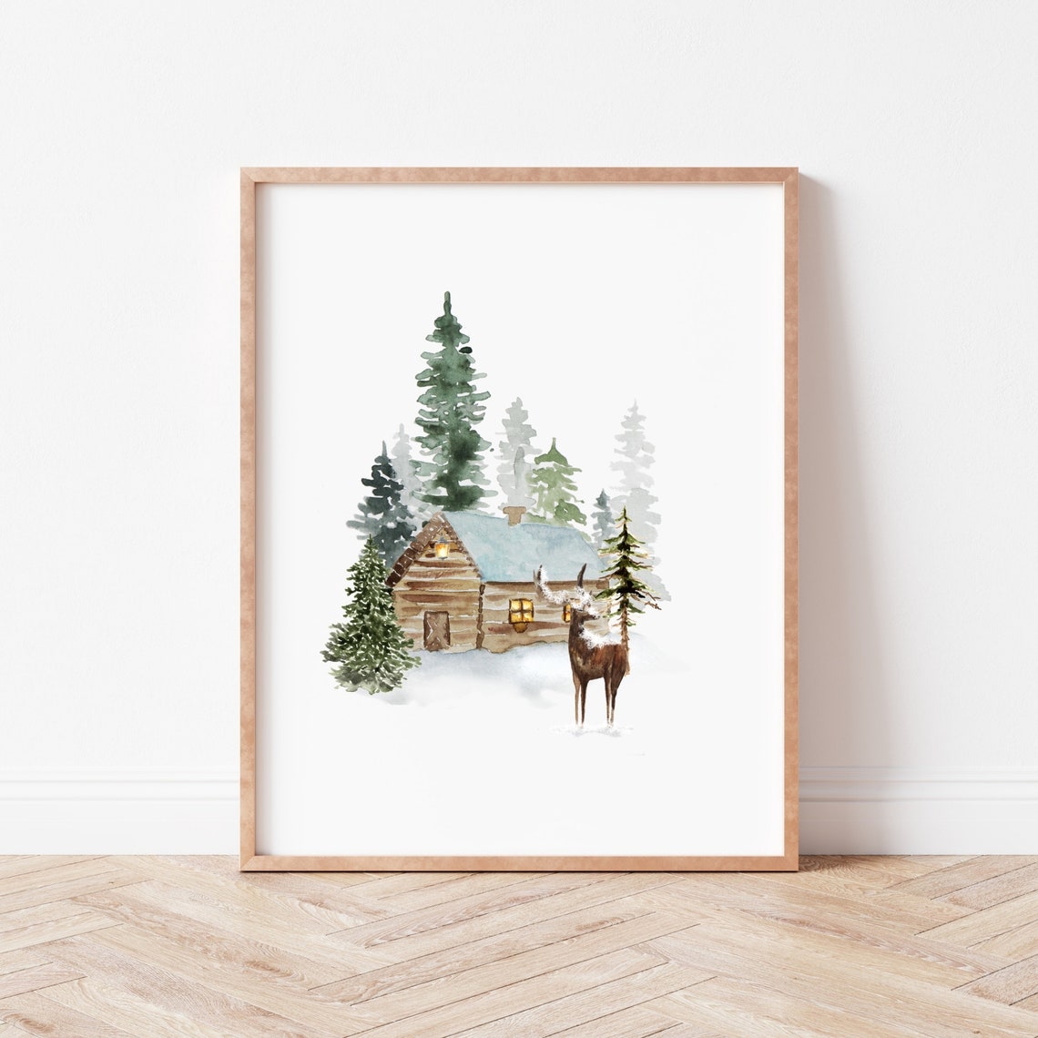 Winter Wonderland Snowy Forest Cabin With Deer Watercolor Poster - Image 2