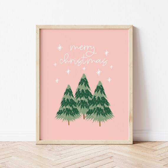 Merry Christmas Pink Boho Trees Soft Pastel Holiday Art Print