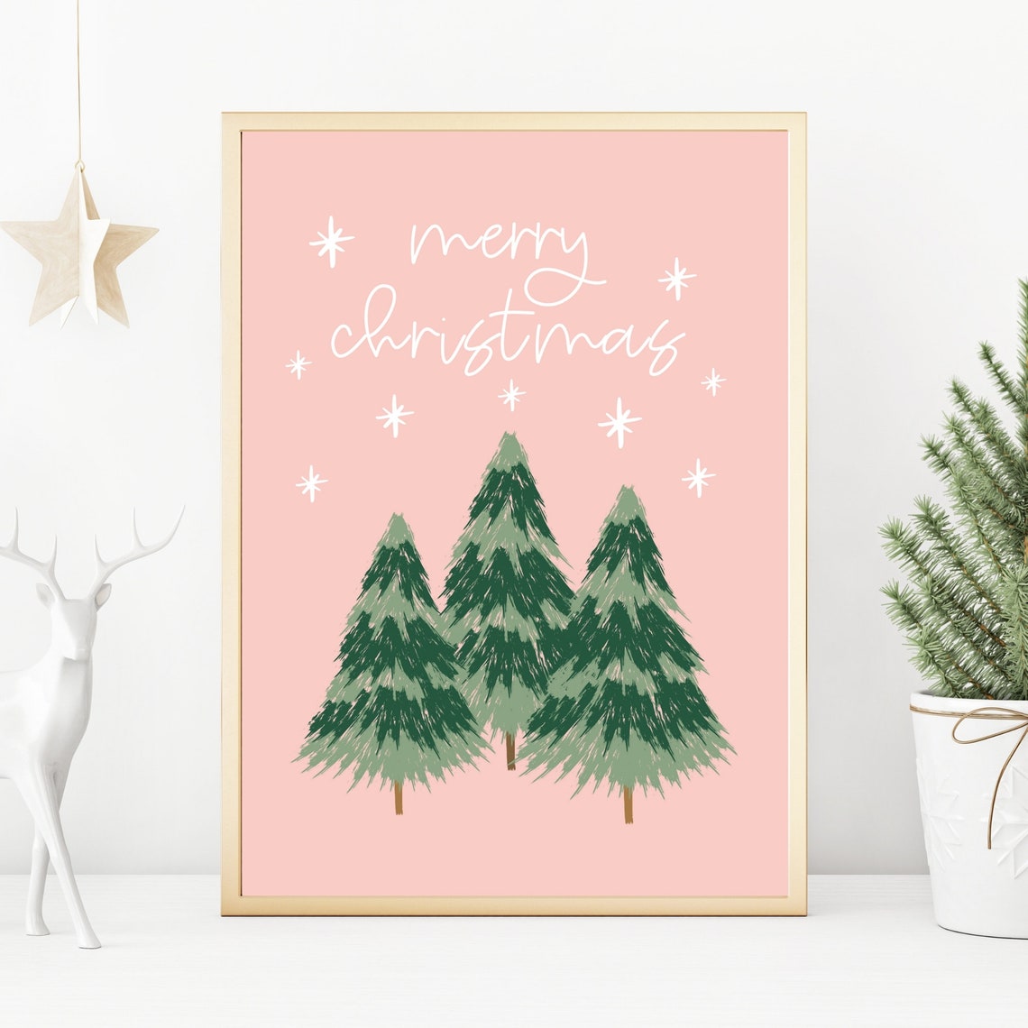 Merry Christmas Pink Boho Trees Soft Pastel Holiday Art Print - Image 2