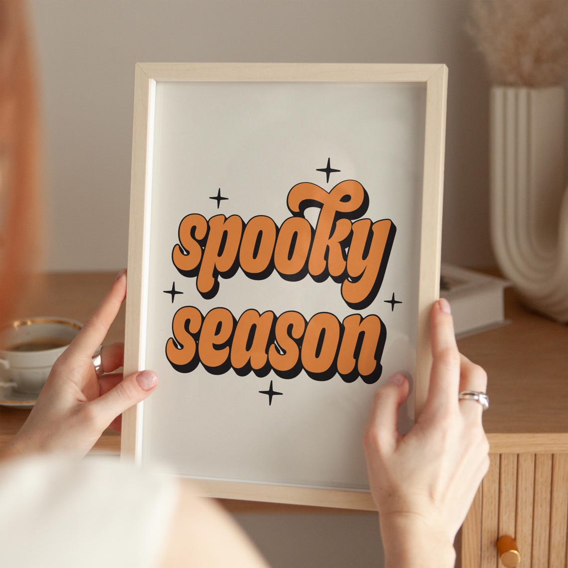 Spooky Season Retro Orange Bubble Letters on Cream Art Print - Image 3