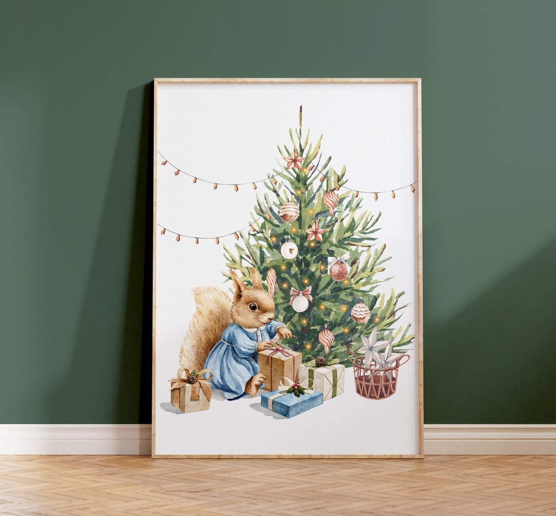 Little Squirrel In Blue Dress Opening Gift By Christmas Tree Poster