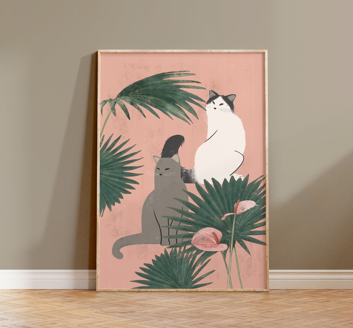 Cats And Tropical Plants Boho Cat Art Print