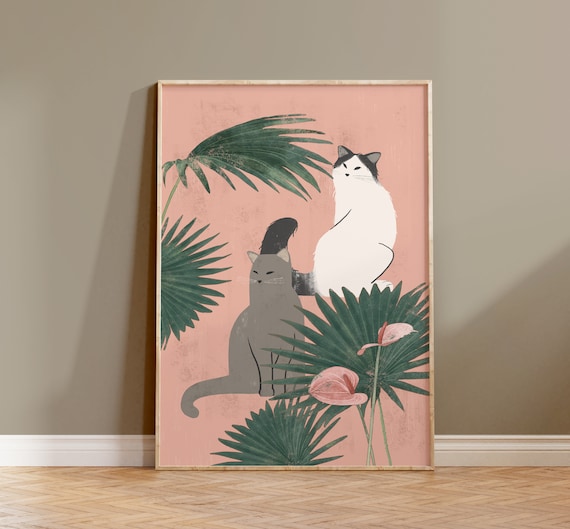 Cats And Tropical Plants Boho Cat Art Print