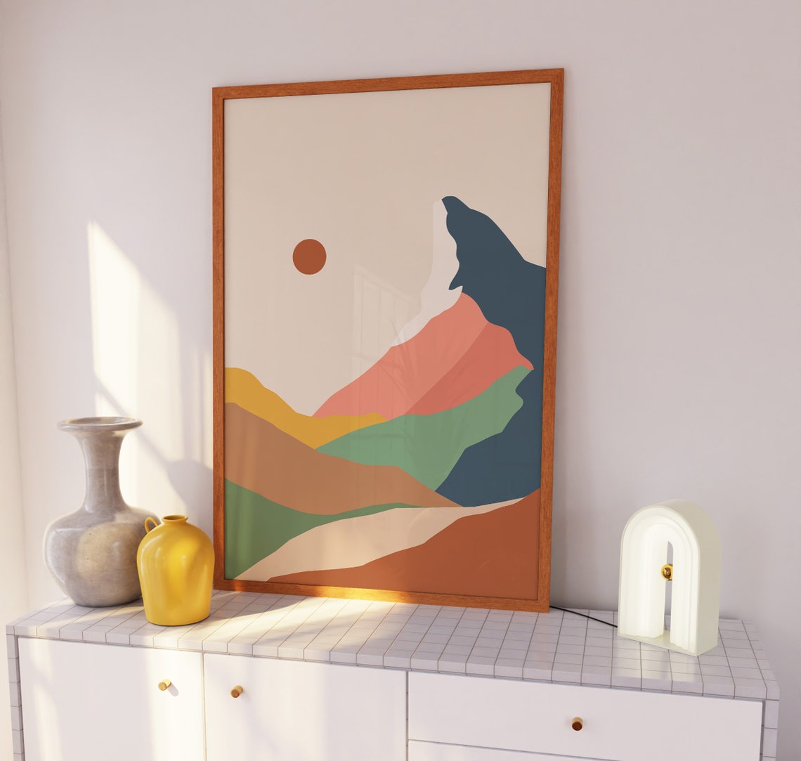 Golden Sunrise Color Block Mountain Peaks Boho Abstract Art Print - Image 3