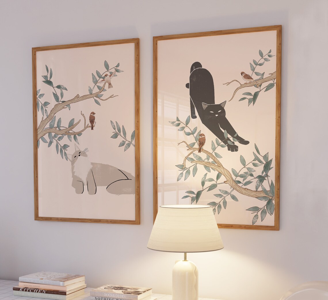 Stretching Black Cat and Birds Art Print - Image 2