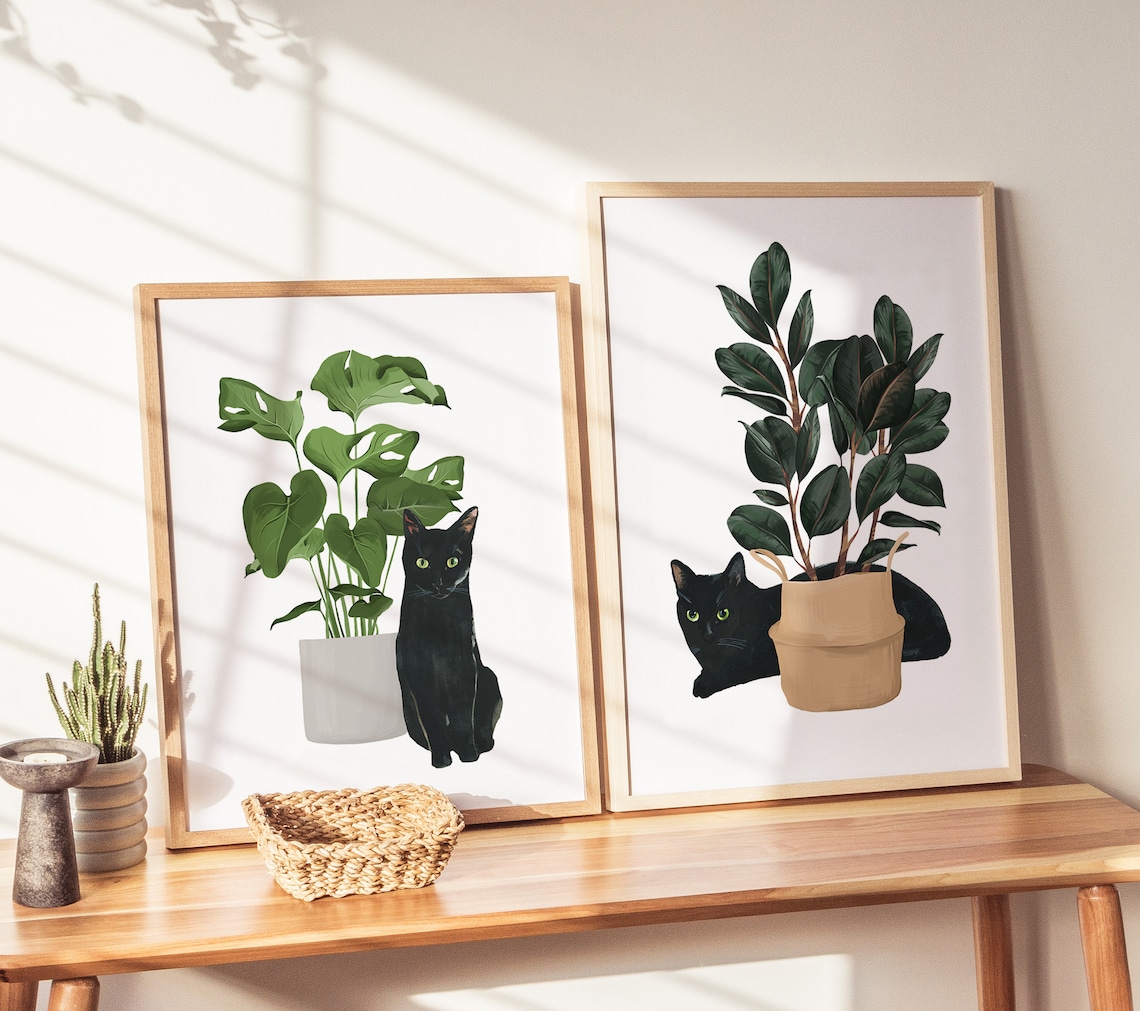 Black Cat and House Plant Watercolor Cat Print - Image 3