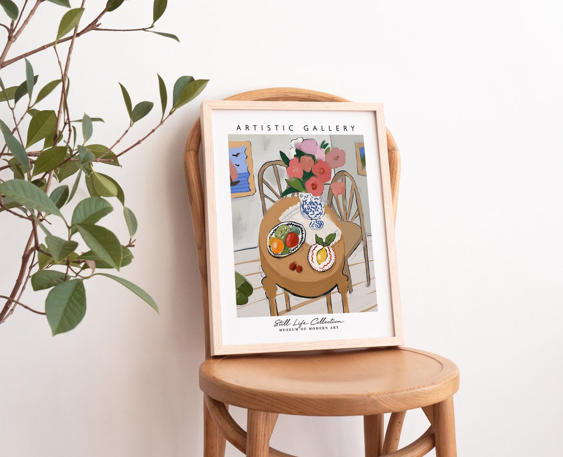 Pink Roses Cafe Table Fruit Dessert Painting Still Life Gallery Poster - Image 3