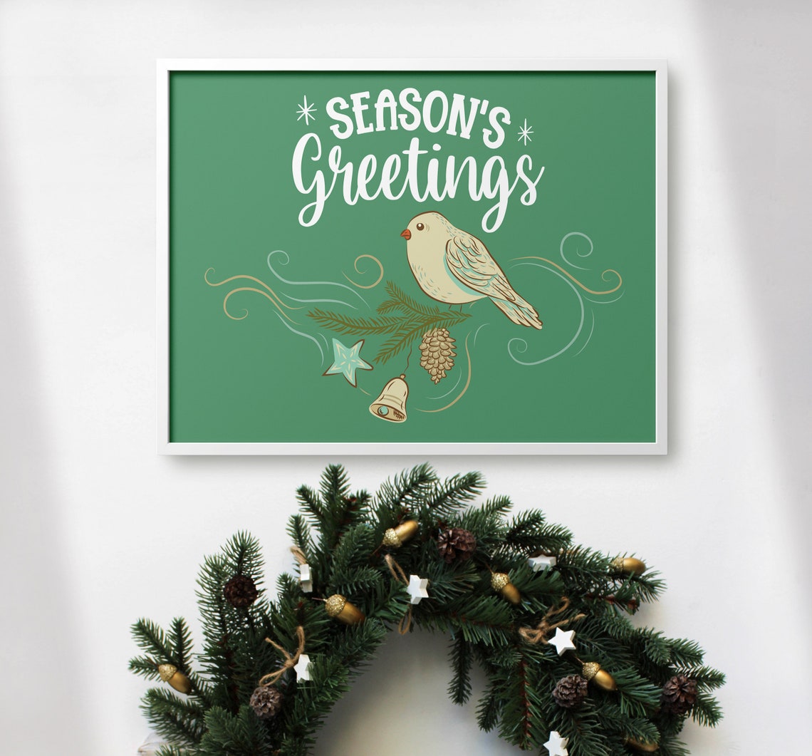 Seasons Greetings Cream Bird Pine Bell Green Christmas Poster - Image 4