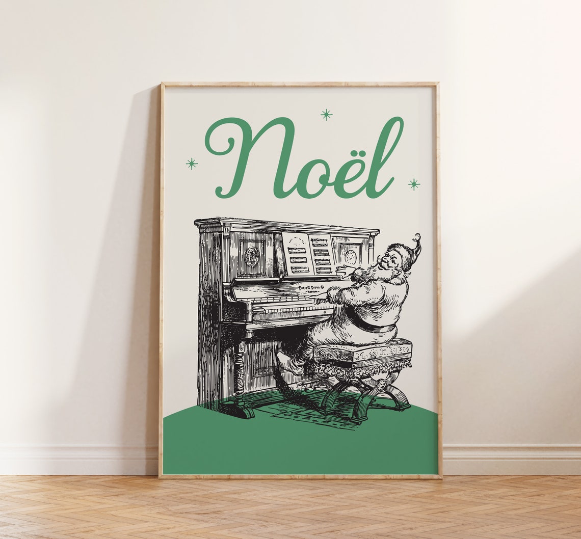 Noel Vintage Santa Playing Piano Cream Green Christmas Poster