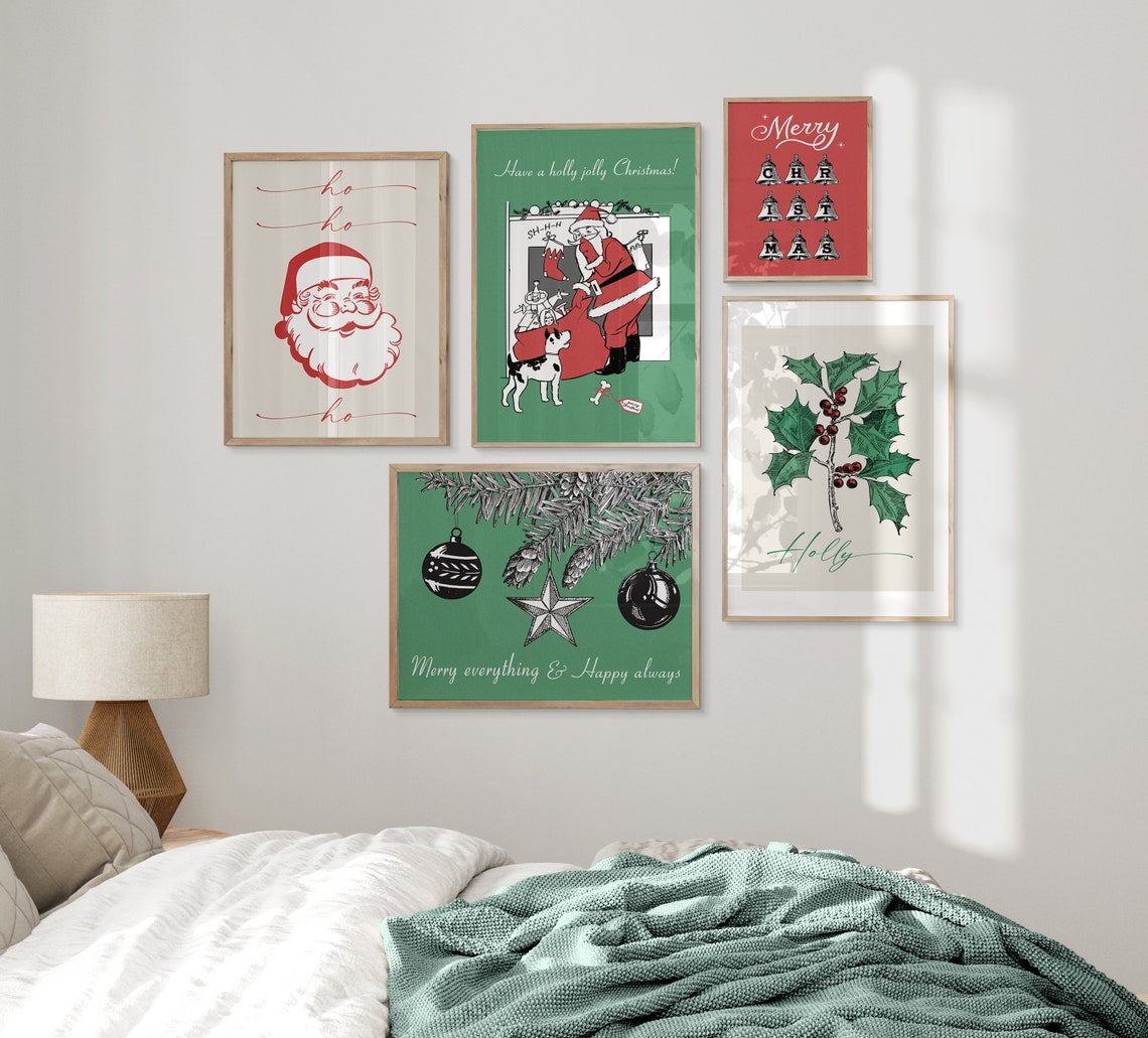 Retro Santa And Puppy Share Holly Jolly Christmas Green Wall Art - Image 2