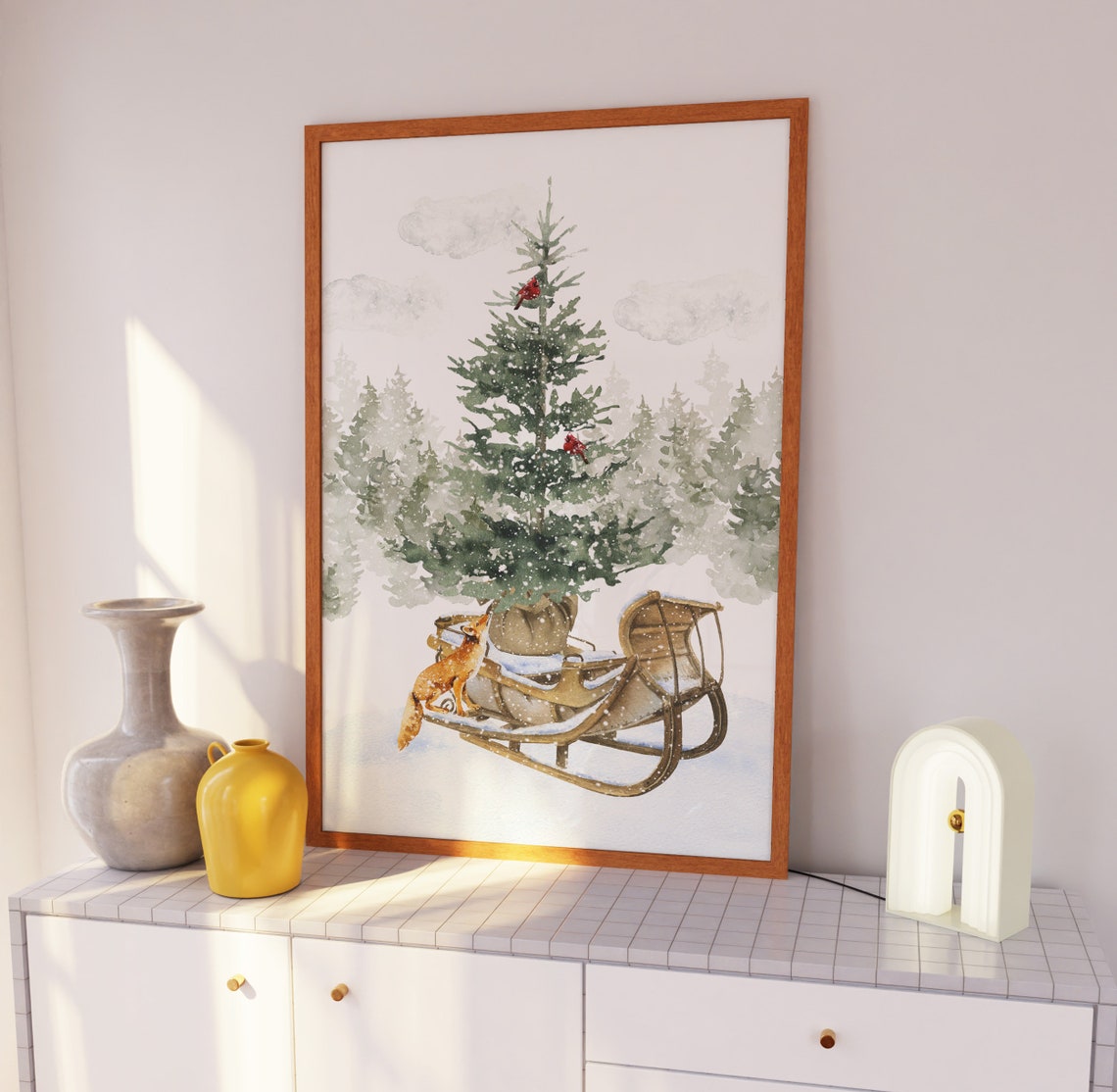 Red Fox On Wooden Sleigh With Pine Tree And Cardinals Wall Art - Image 2