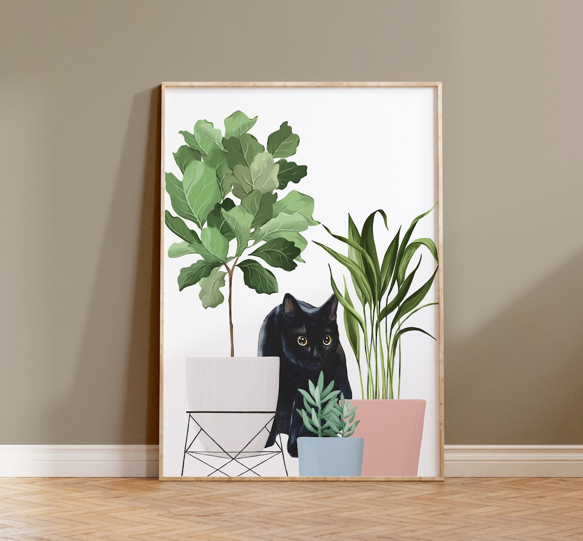 Staring Black Cat Watercolor Art Print, Cat Lover