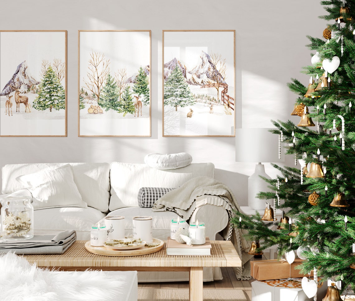 Two Rabbits In Snowy Mountain Valley Winter Watercolor Wall Art - Image 3